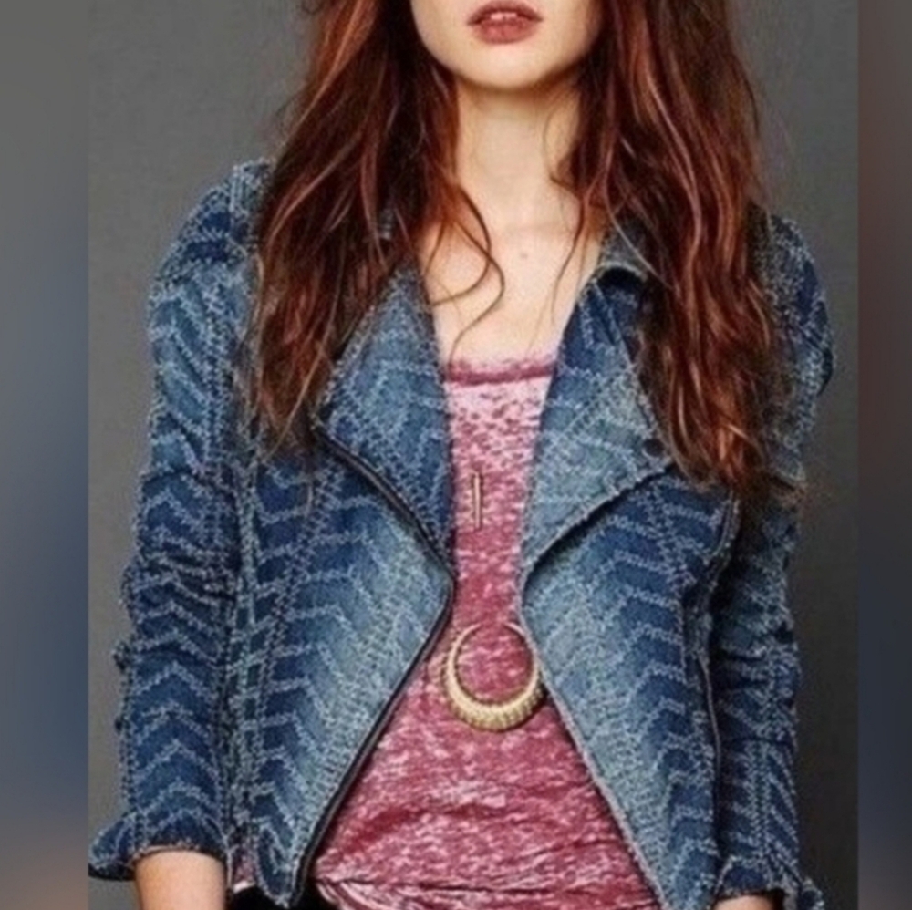 Free People Blue Zigzag Jean Jacket